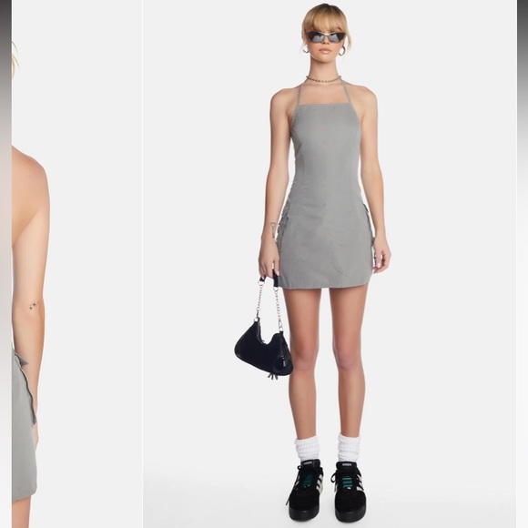 NWT Motel X Jacquie Schmidt bungee cord cargo pocket Mini halter tie neck dress - Picture 13 of 16